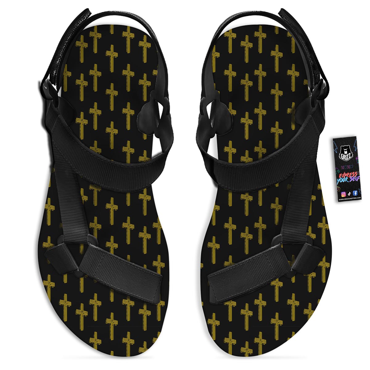 Religious Christian Cross Print Pattern Black Open Toe Sandals-grizzshop