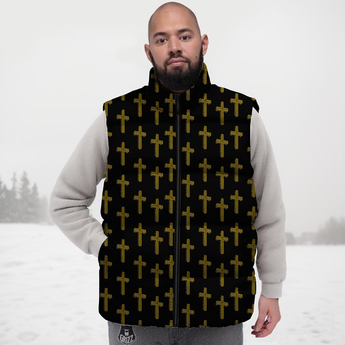 Religious Christian Cross Print Pattern Down Vest