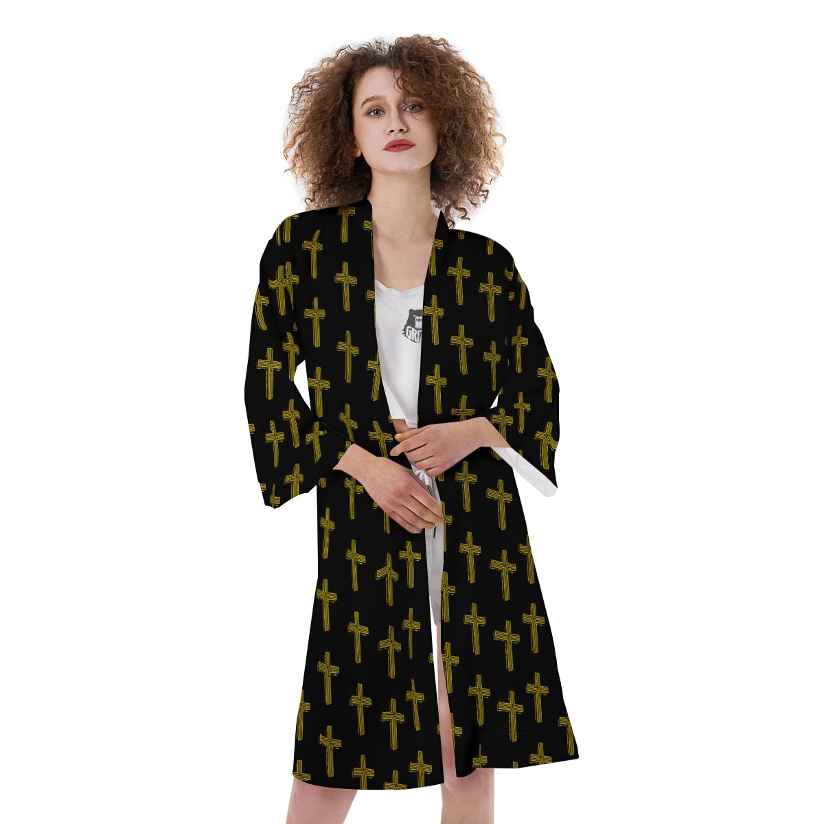 Religious Christian Cross Print Pattern Kimono-grizzshop