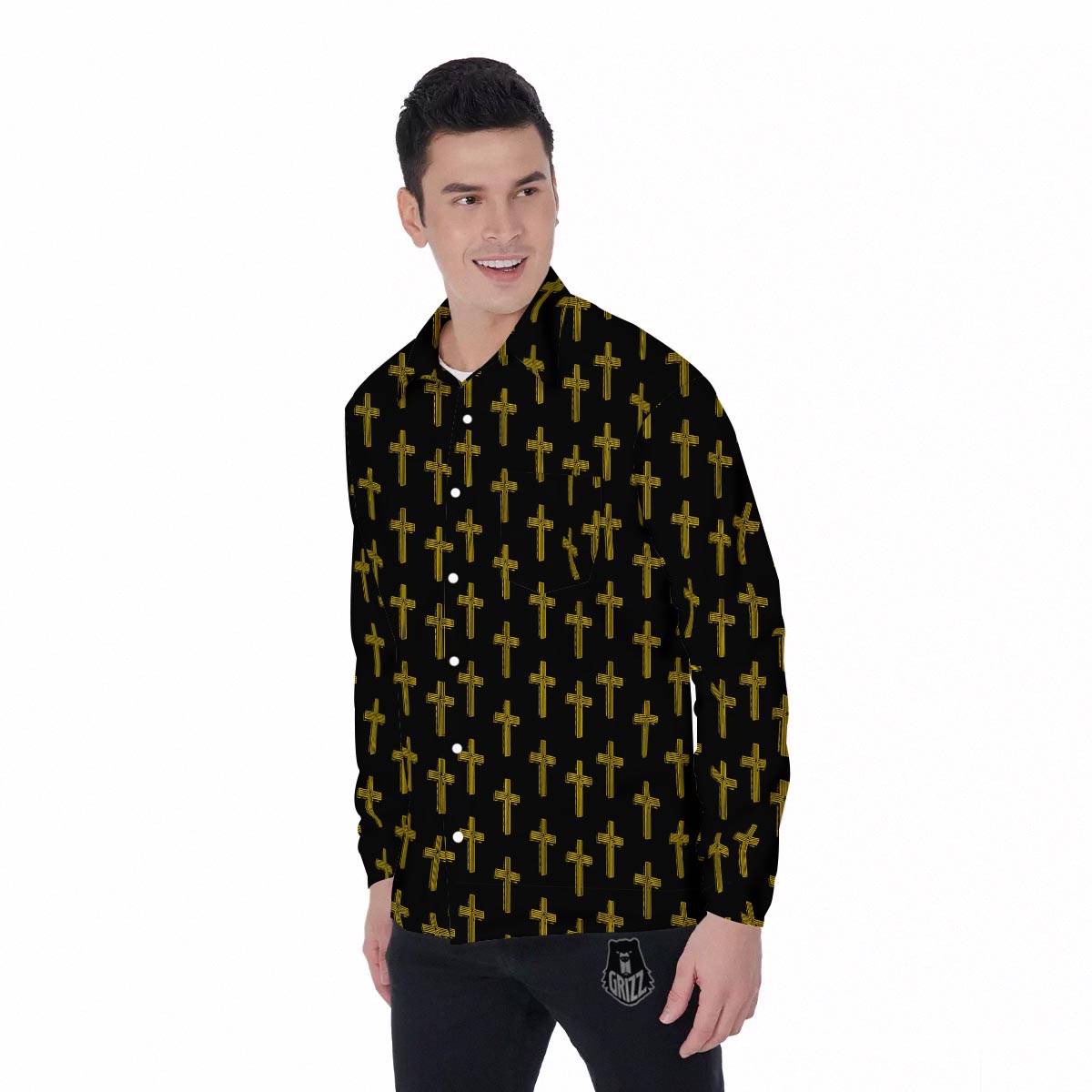 Religious Christian Cross Print Pattern Men's Long Sleeve Shirts-grizzshop