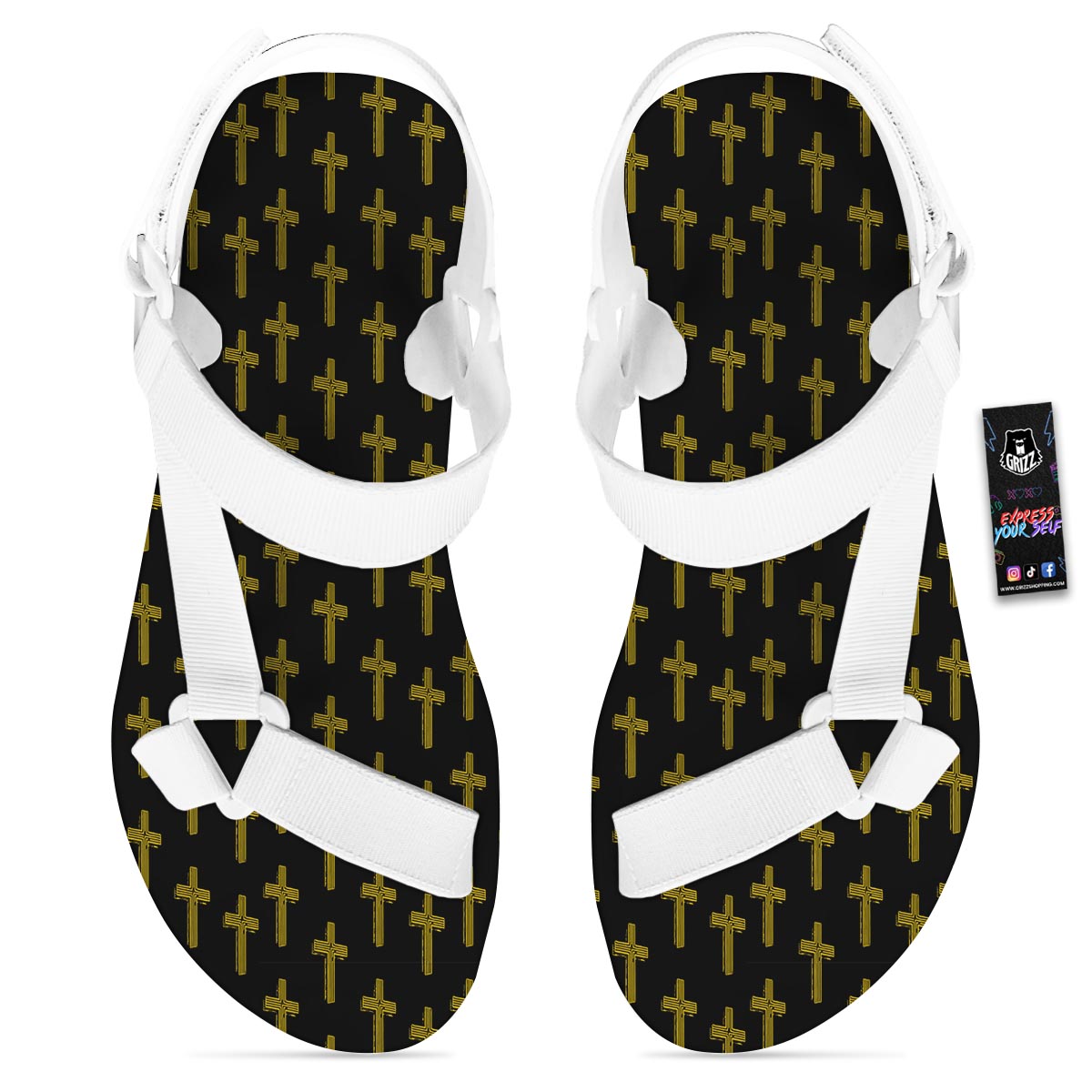 Religious Christian Cross Print Pattern White Open Toe Sandals-grizzshop