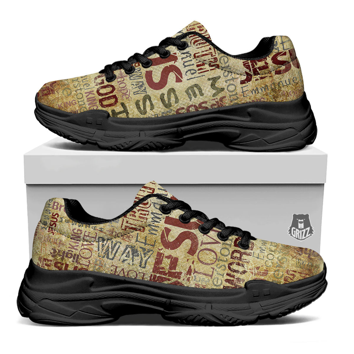 Religious Of God Word Print Black Chunky Shoes-grizzshop