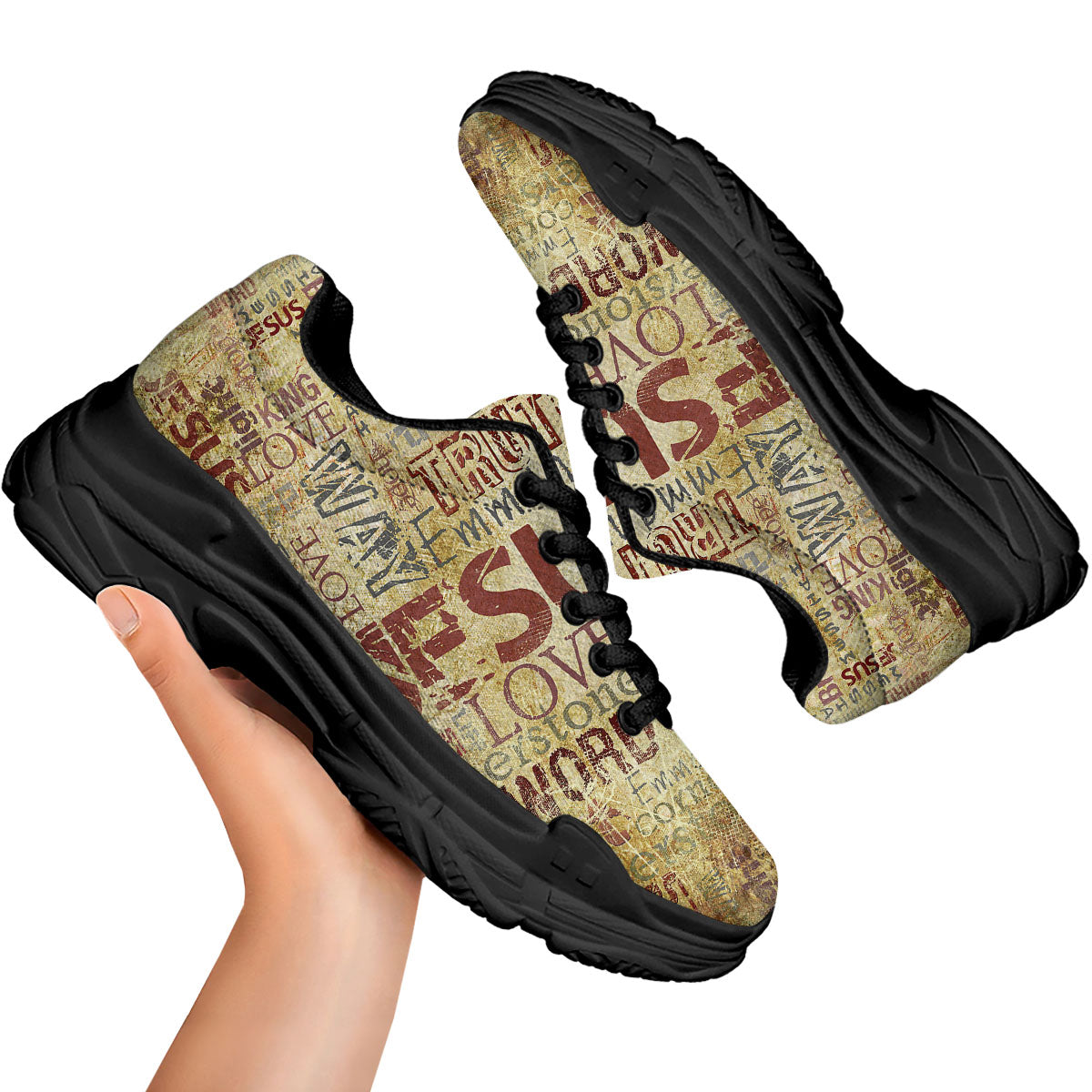 Religious Of God Word Print Black Chunky Shoes-grizzshop