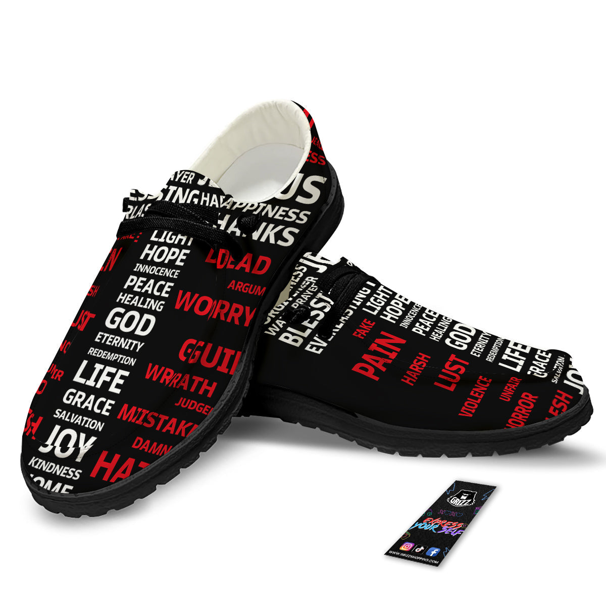 Religious Words Christian Cross Print Black Loafers-grizzshop