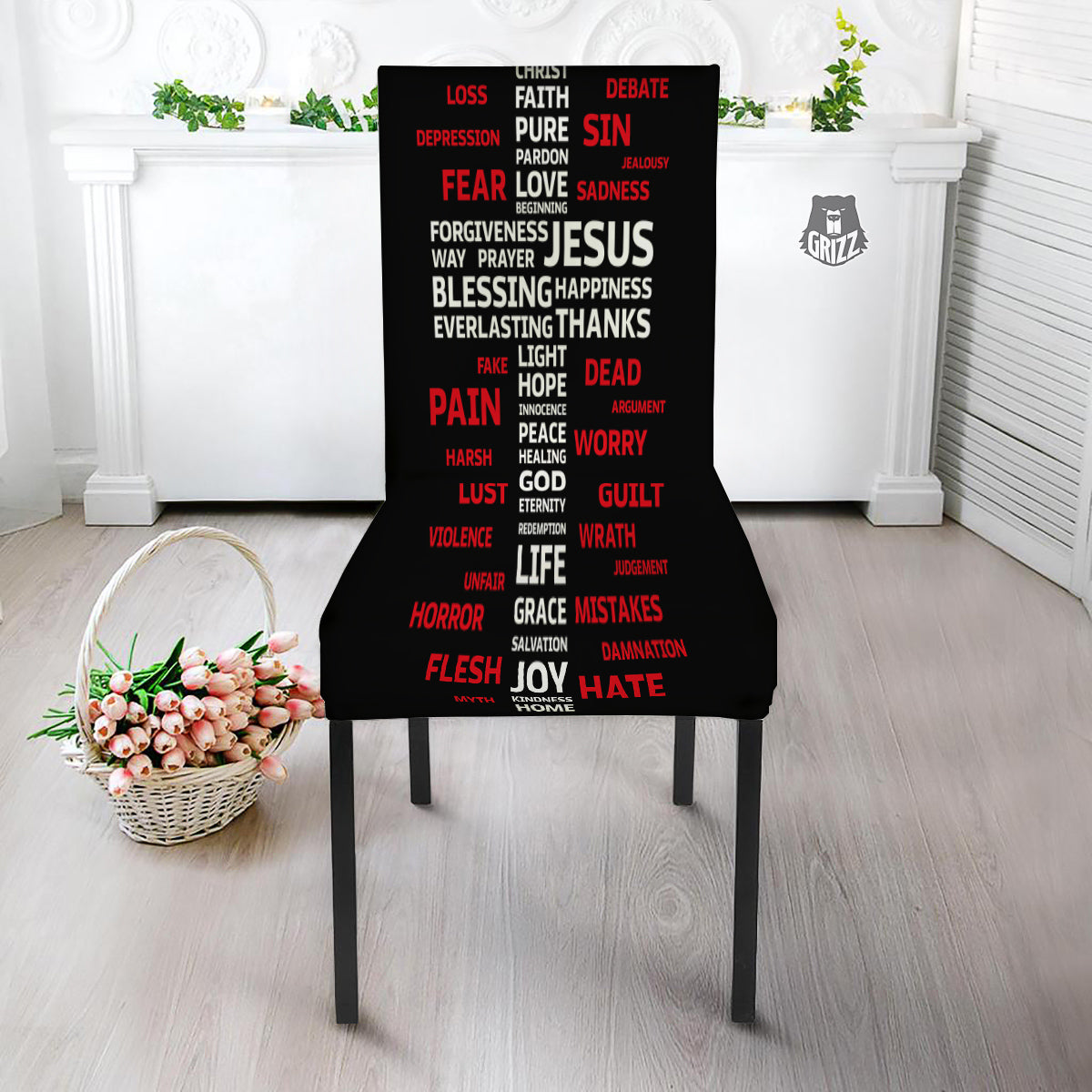 Religious Words Christian Cross Print Dining Chair Slipcover-grizzshop