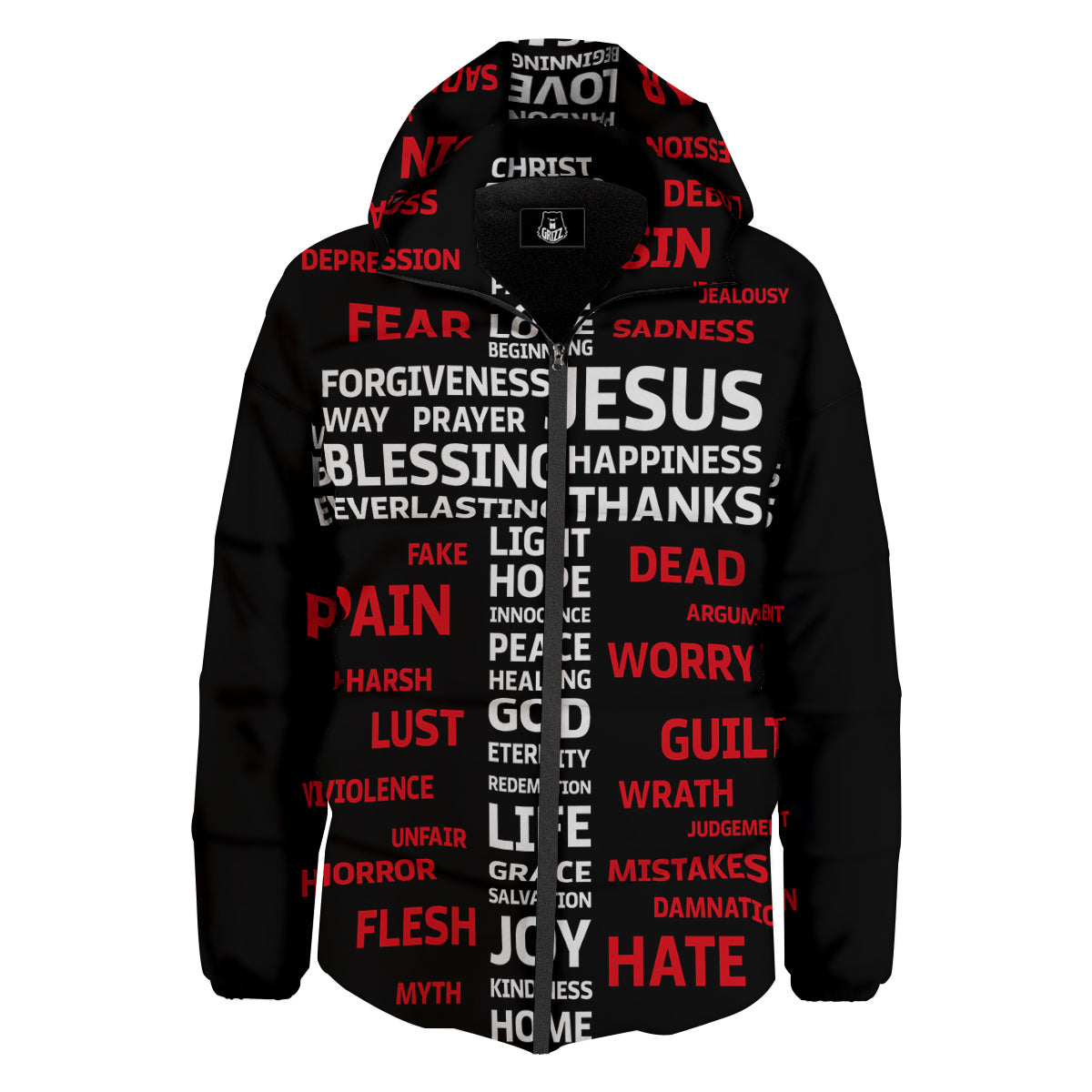 Religious Words Christian Cross Print Down Jacket-grizzshop