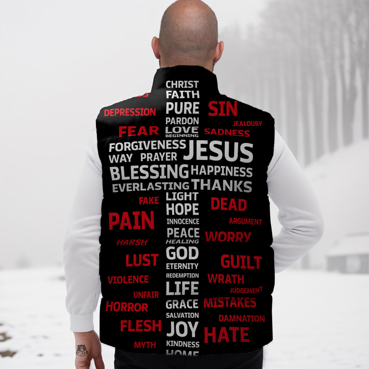 Religious Words Christian Cross Print Down Vest