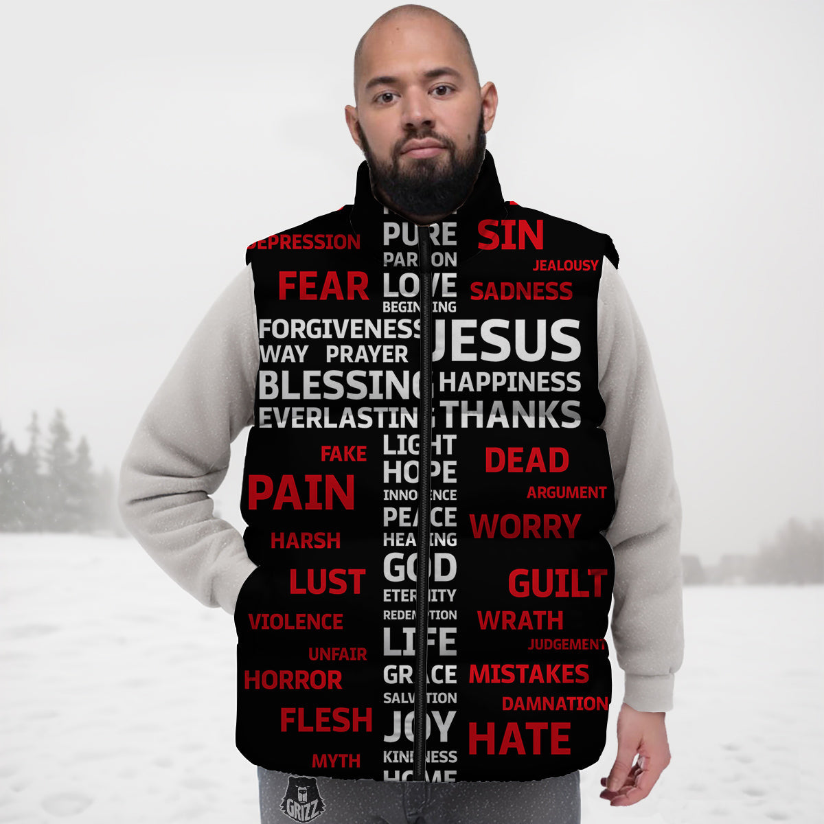 Religious Words Christian Cross Print Down Vest