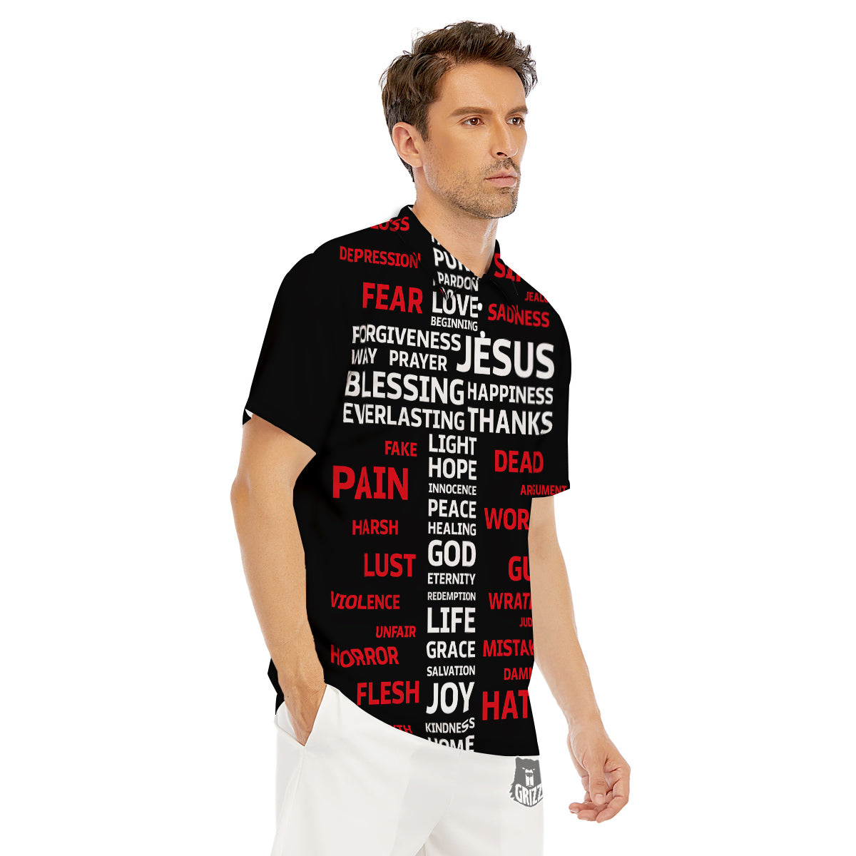 Religious Words Christian Cross Print Men's Golf Shirts-grizzshop