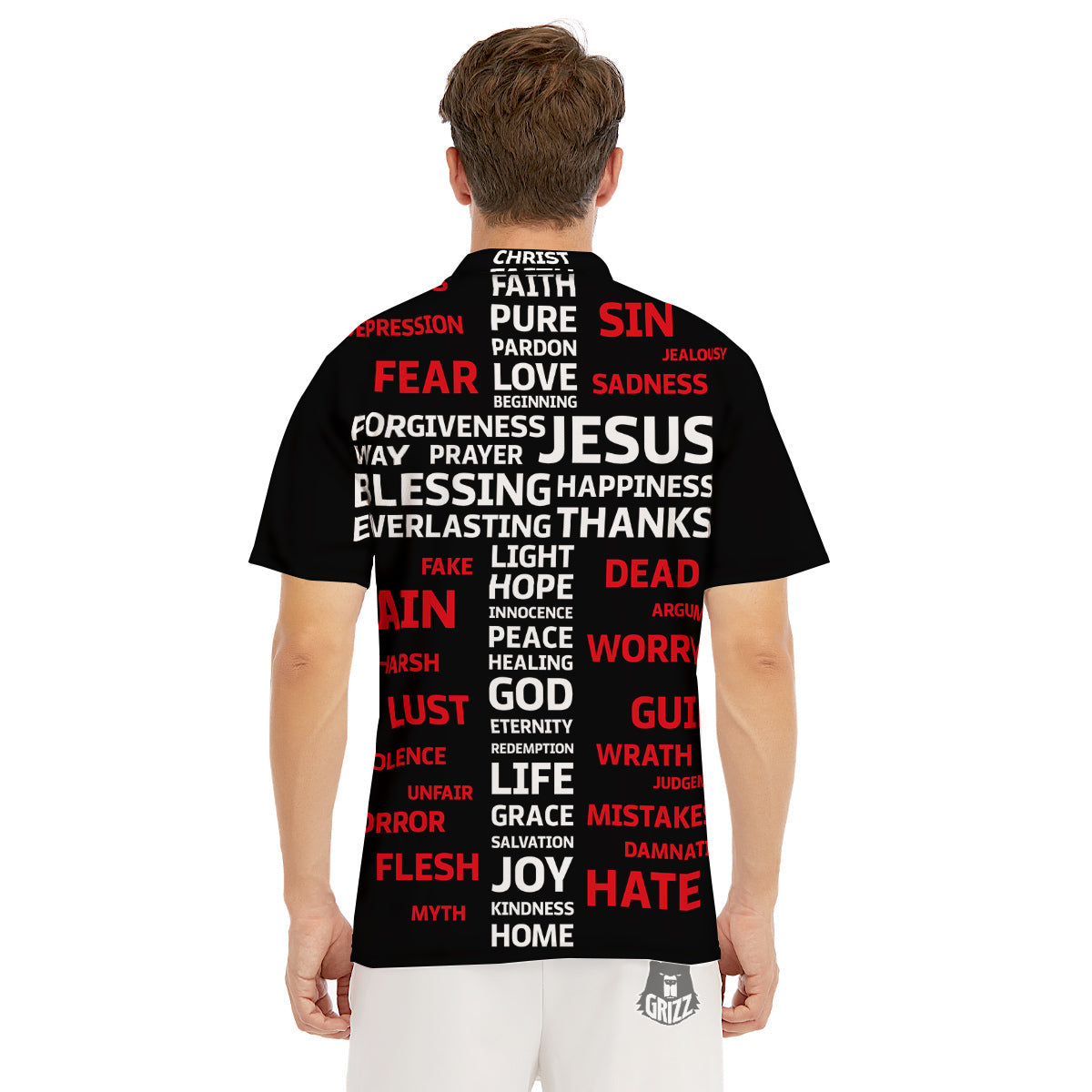 Religious Words Christian Cross Print Men's Golf Shirts-grizzshop