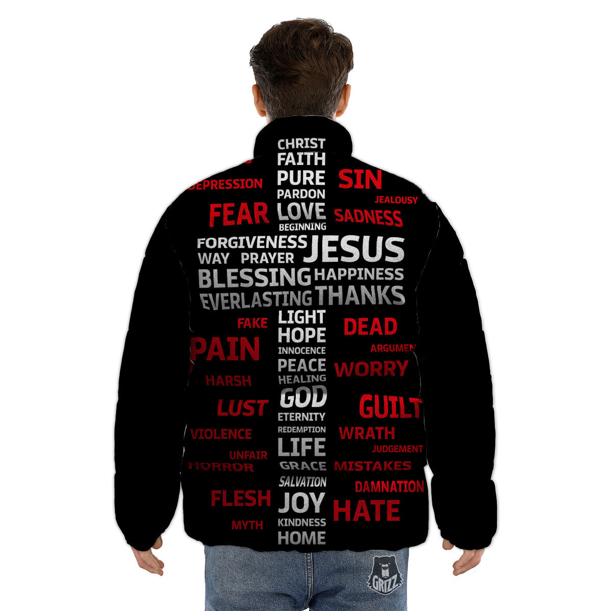 Religious Words Christian Cross Print Puffer Jacket-grizzshop