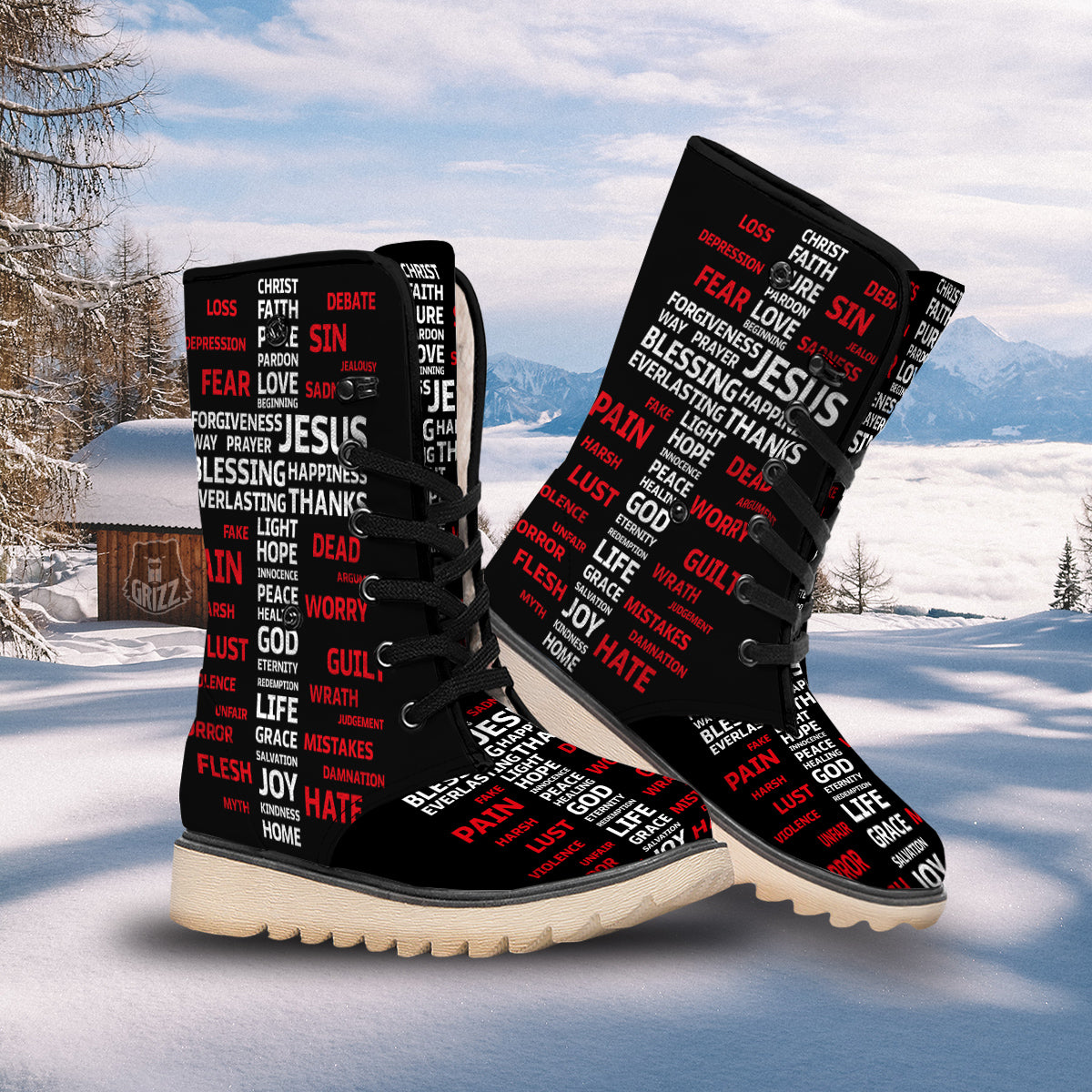 Religious Words Christian Cross Print Snow Boots-grizzshop
