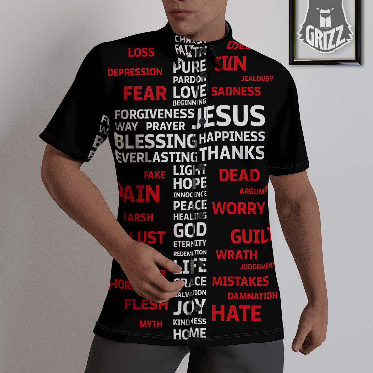 Religious Words Christian Cross Print Untucked Shirts-grizzshop