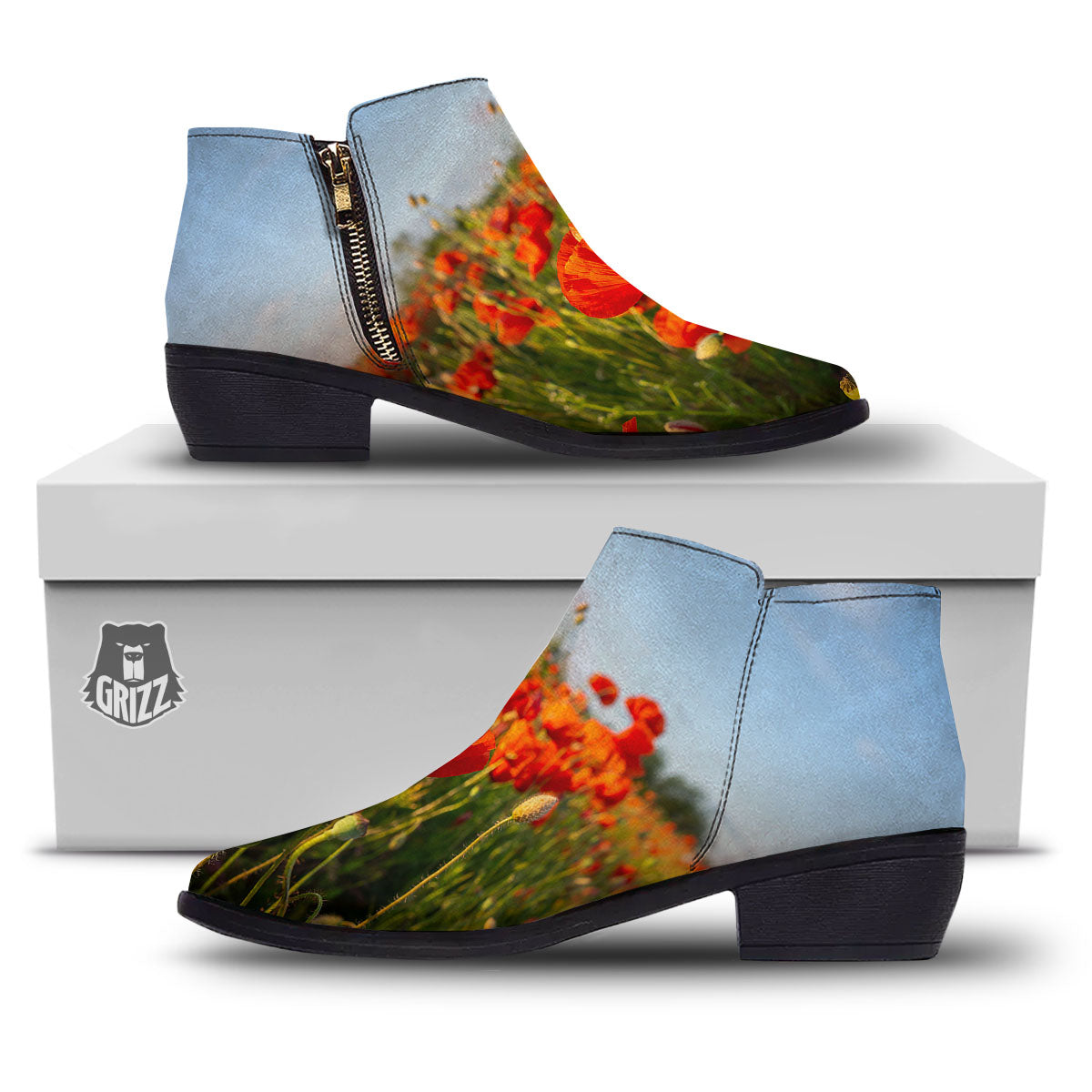 Remembrance Poppy Day Print Ankle Boots-grizzshop