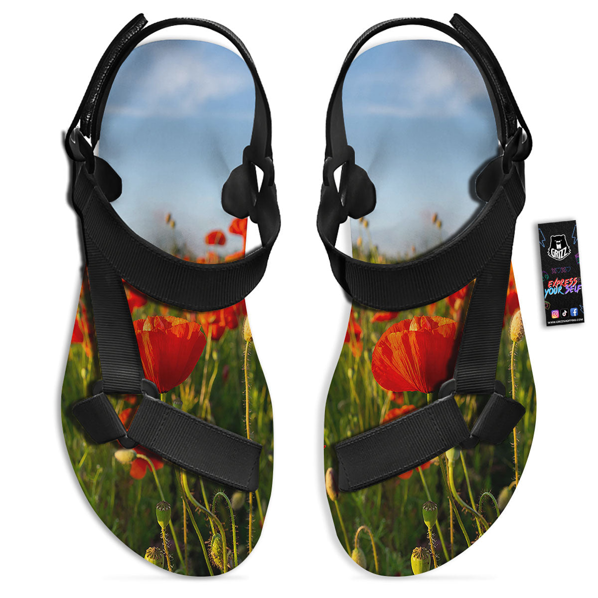 Remembrance Poppy Day Print Black Open Toe Sandals-grizzshop