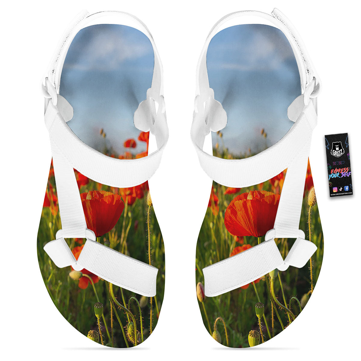 Remembrance Poppy Day Print White Open Toe Sandals-grizzshop