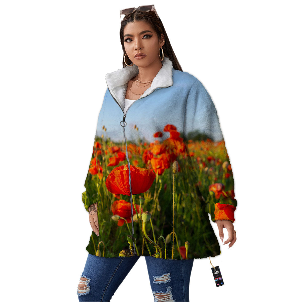 Remembrance Poppy Day Print Women's Sherpa Jacket-grizzshop
