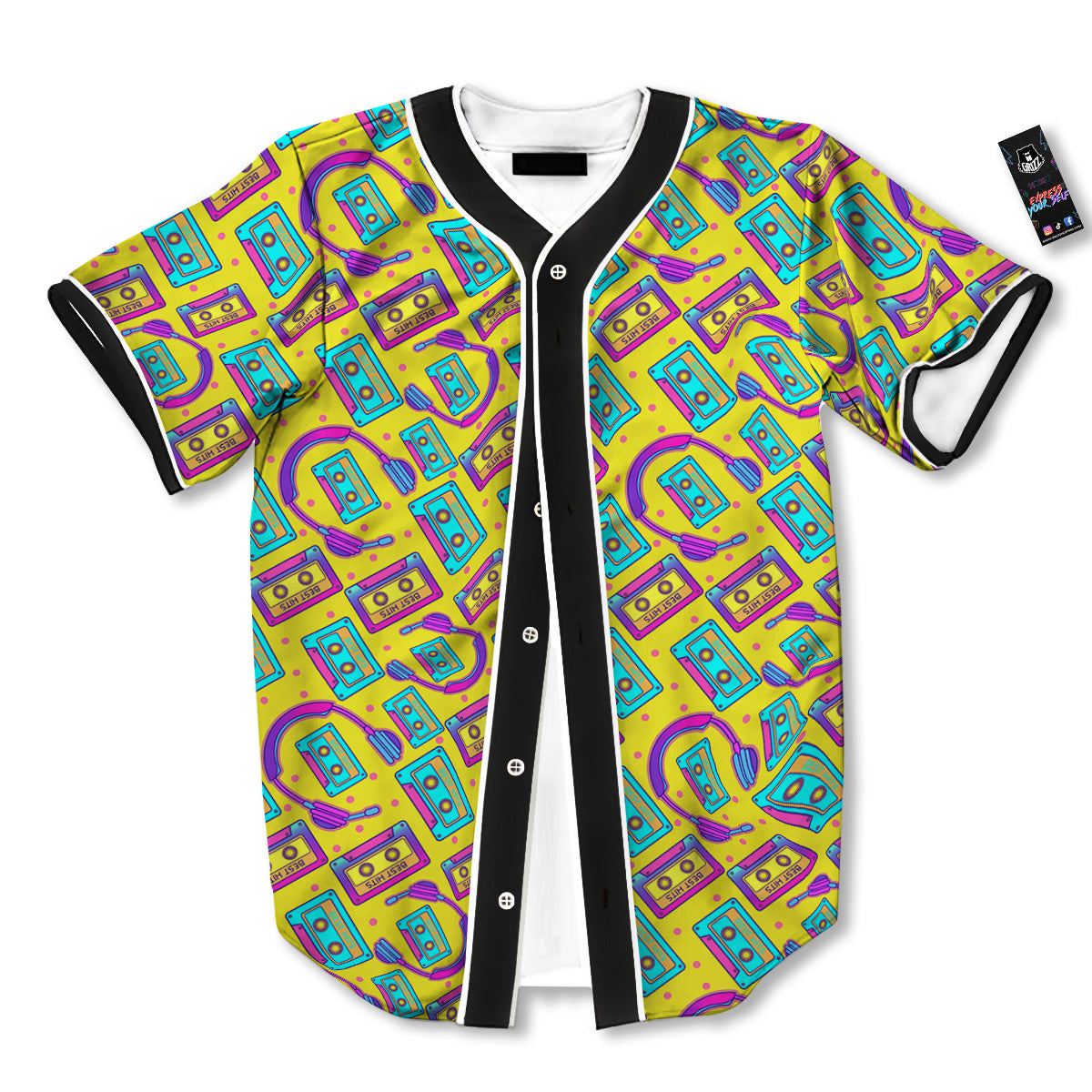 Retro Cassette And Earphones Print Pattern Baseball Jersey-grizzshop