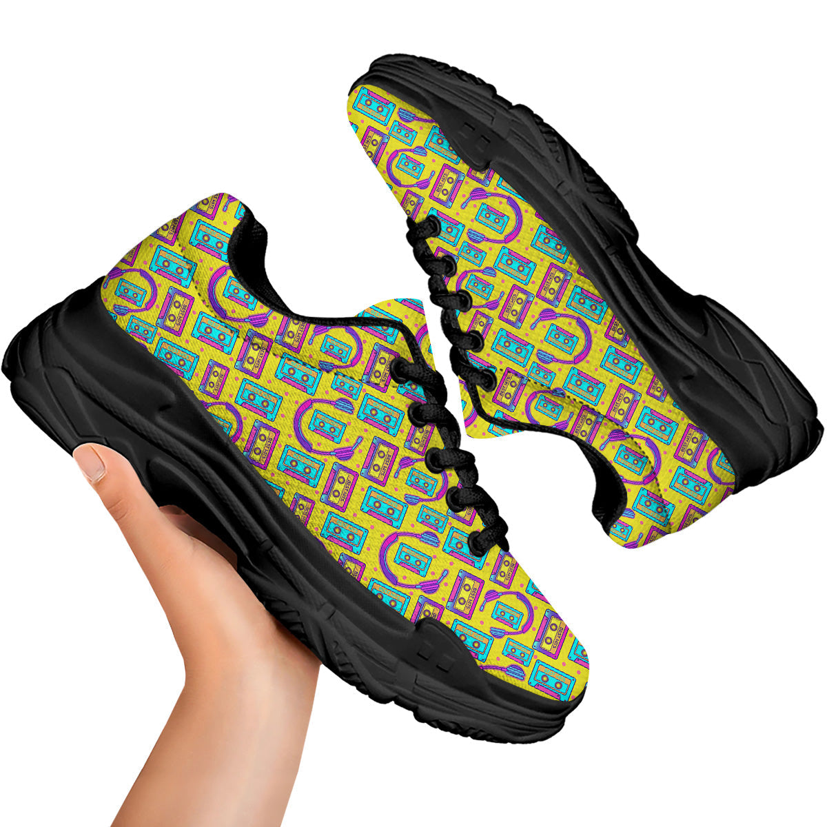 Retro Cassette And Earphones Print Pattern Black Chunky Shoes-grizzshop