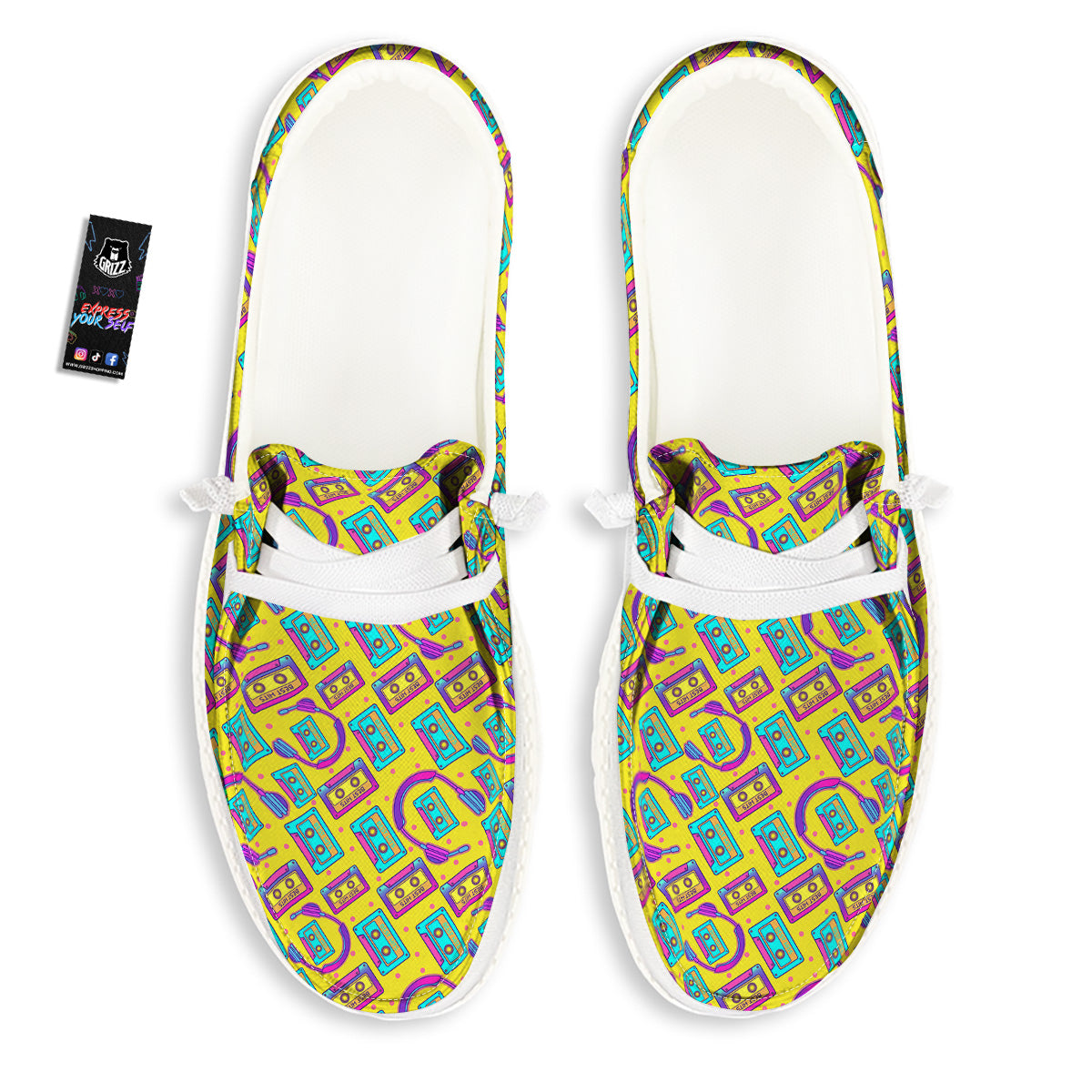 Retro Cassette And Earphones Print Pattern White Loafers-grizzshop