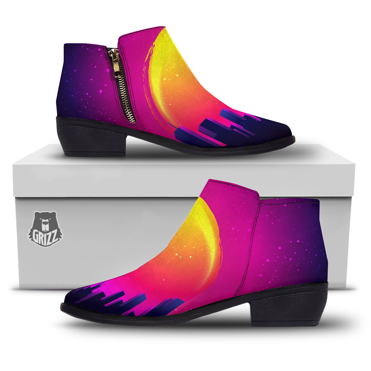 Retro City Sunrise Print Ankle Boots-grizzshop