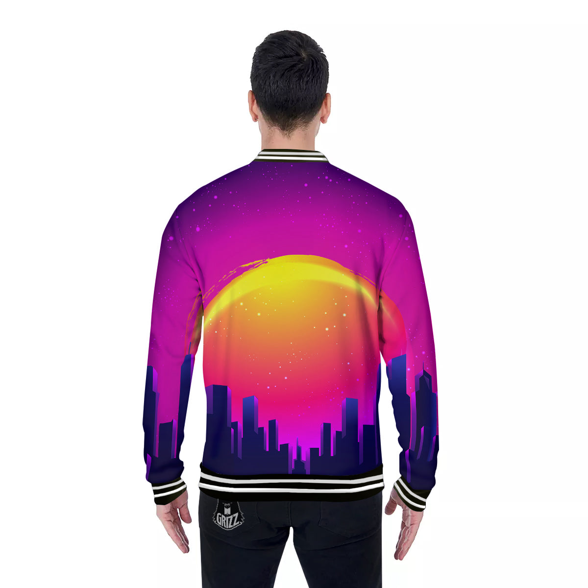 Retro City Sunrise Print Baseball Jacket-grizzshop