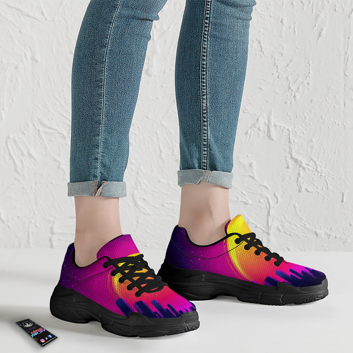 Retro City Sunrise Print Black Chunky Shoes-grizzshop