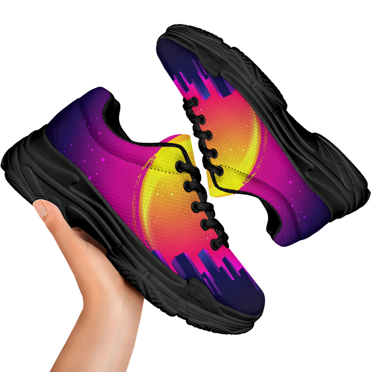 Retro City Sunrise Print Black Chunky Shoes-grizzshop