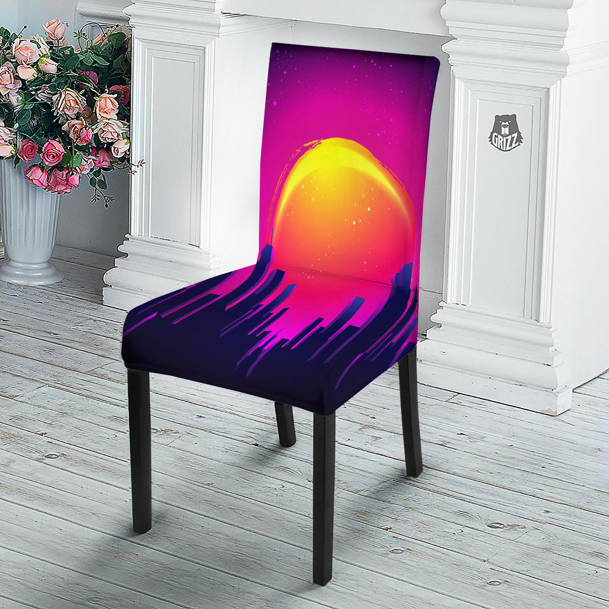 Retro City Sunrise Print Dining Chair Slipcover-grizzshop