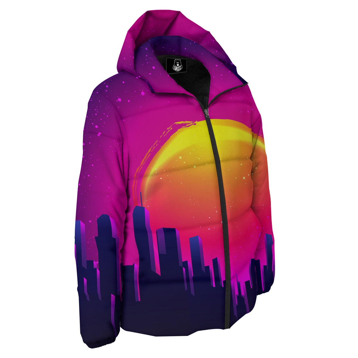 Retro City Sunrise Print Down Jacket-grizzshop