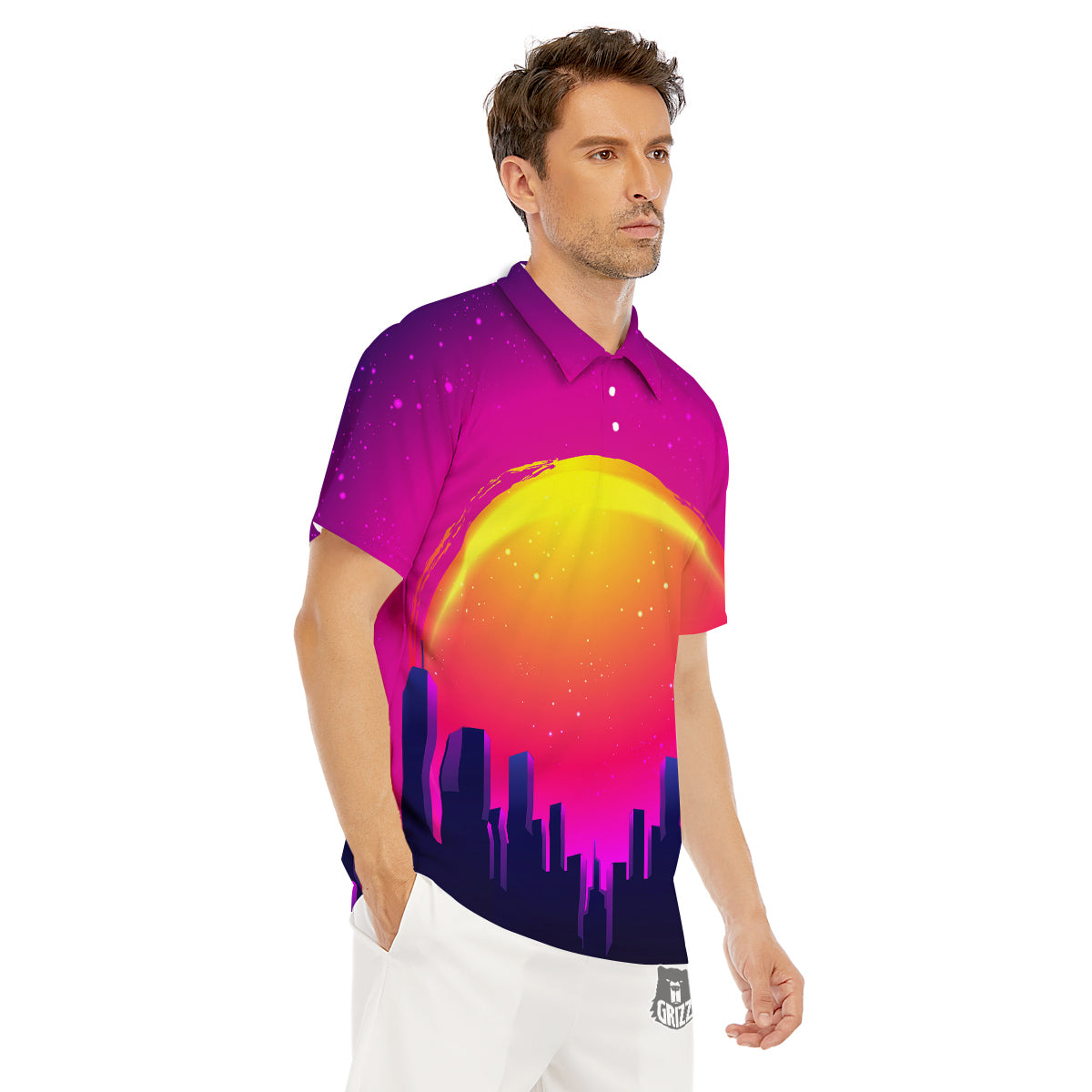 Retro City Sunrise Print Men's Golf Shirts-grizzshop