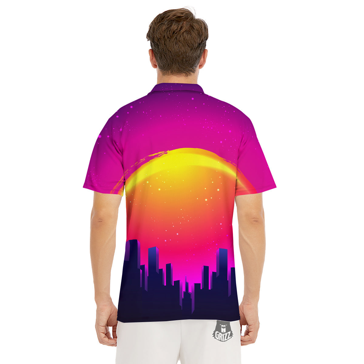 Retro City Sunrise Print Men's Golf Shirts-grizzshop