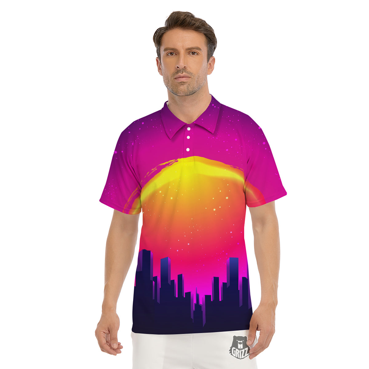 Retro City Sunrise Print Men's Golf Shirts-grizzshop