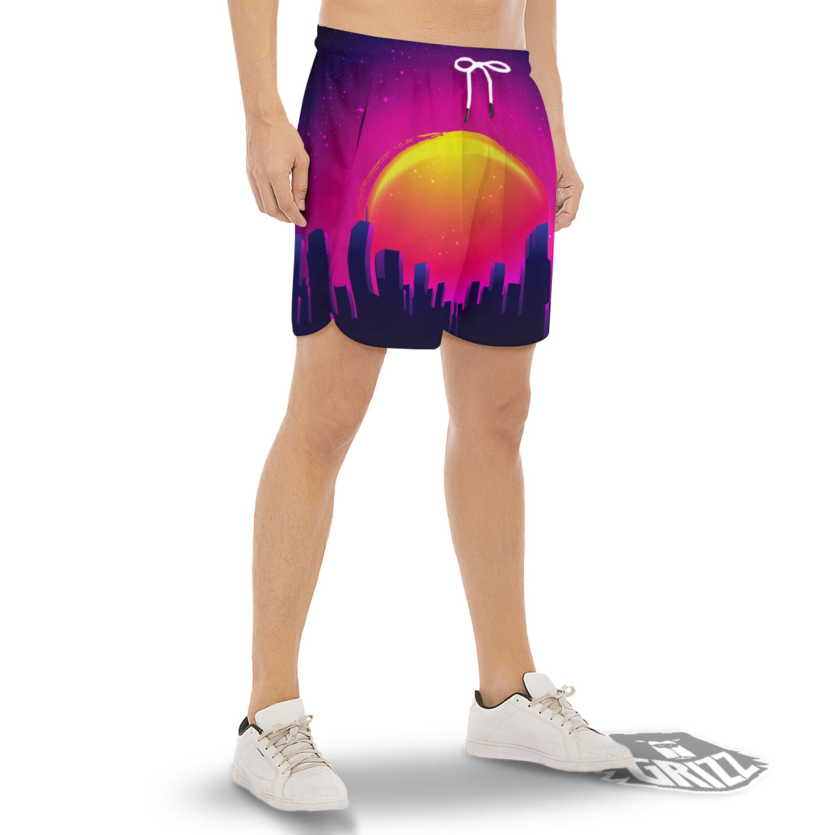 Retro City Sunrise Print Men's Gym Shorts-grizzshop