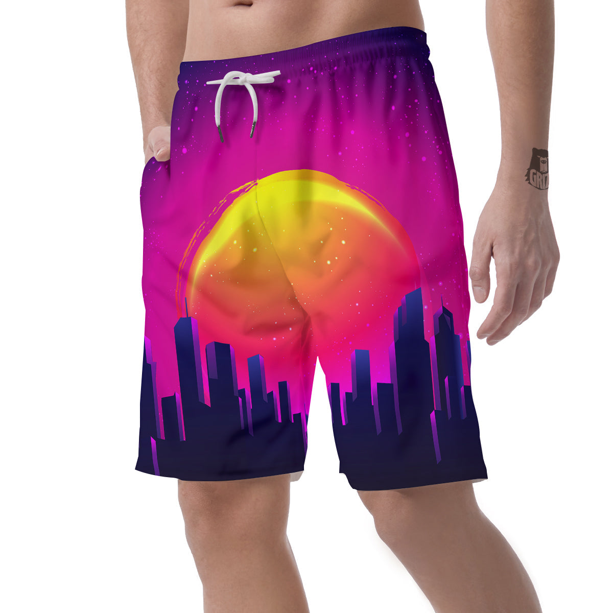 Retro City Sunrise Print Men's Shorts-grizzshop
