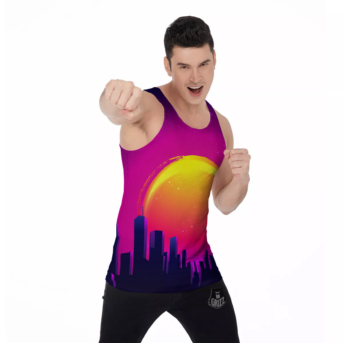 Retro City Sunrise Print Men's Tank Top-grizzshop