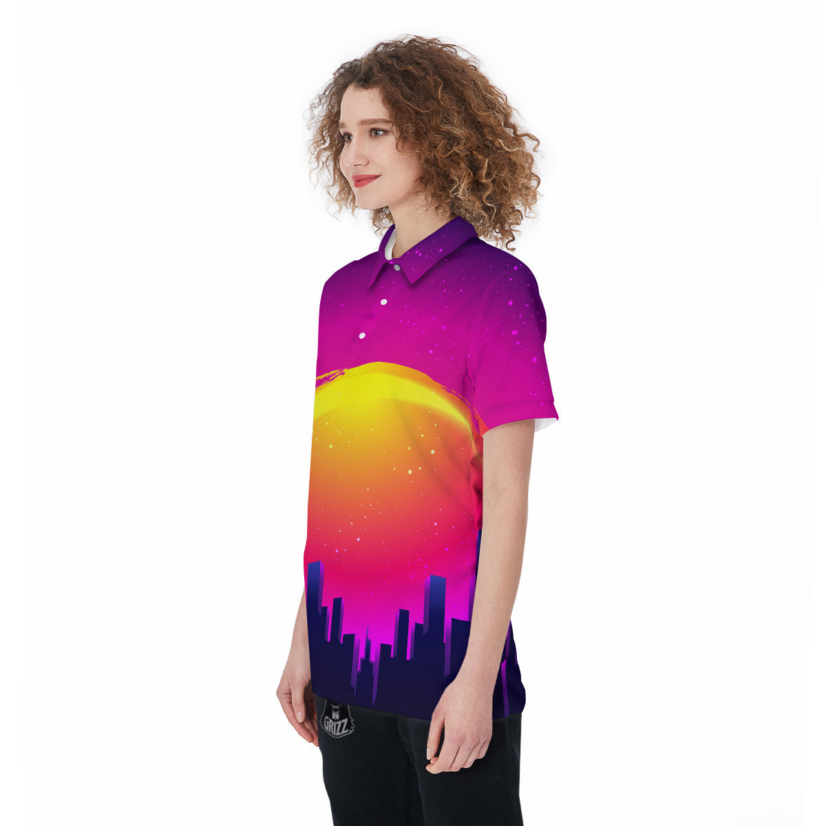 Retro City Sunrise Print Women's Golf Shirts-grizzshop