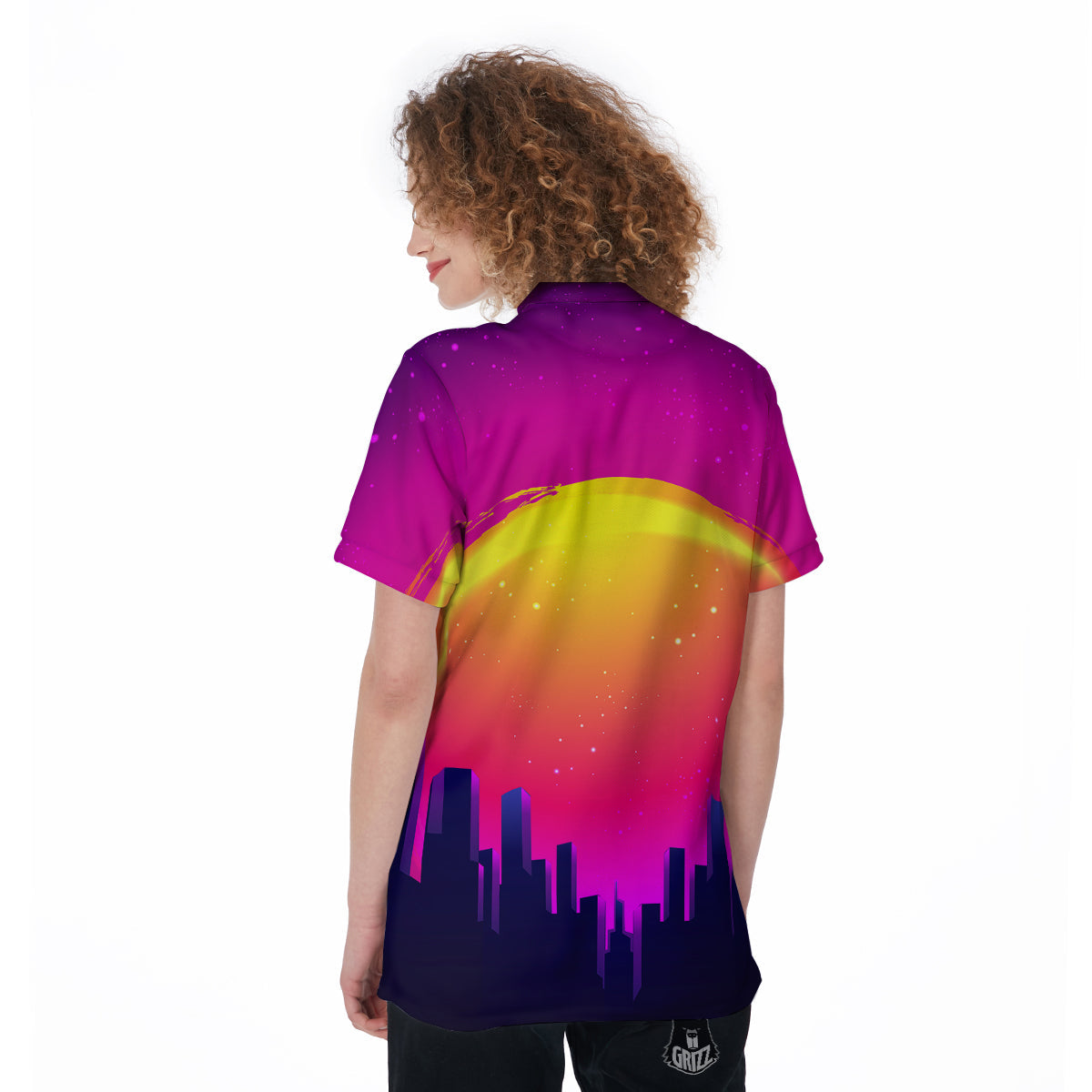 Retro City Sunrise Print Women's Golf Shirts-grizzshop