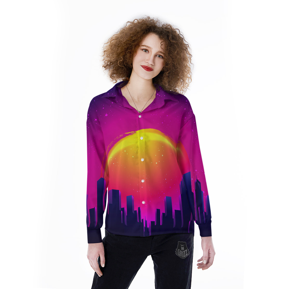 Retro City Sunrise Print Women's Long Sleeve Shirts-grizzshop