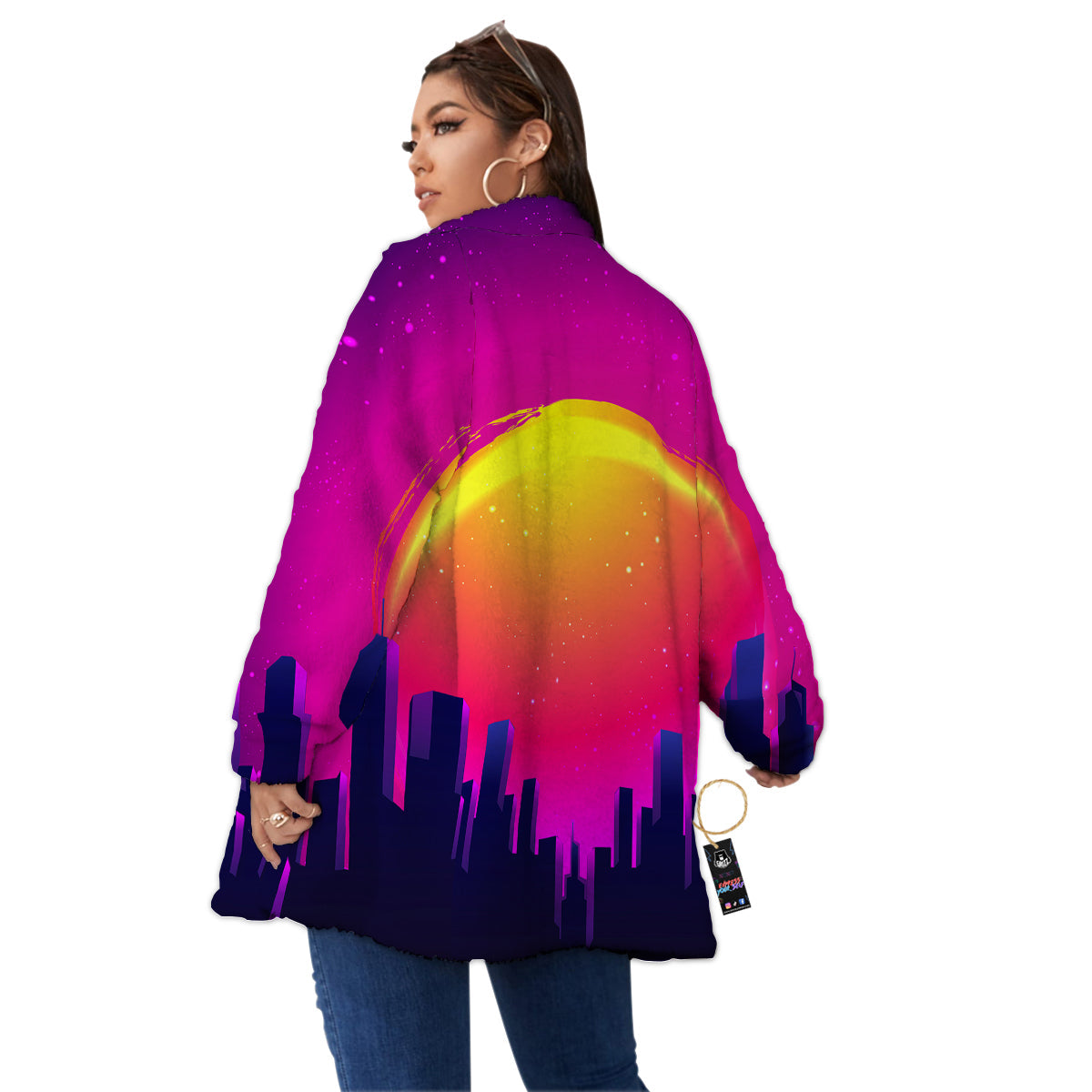 Retro City Sunrise Print Women's Sherpa Jacket-grizzshop