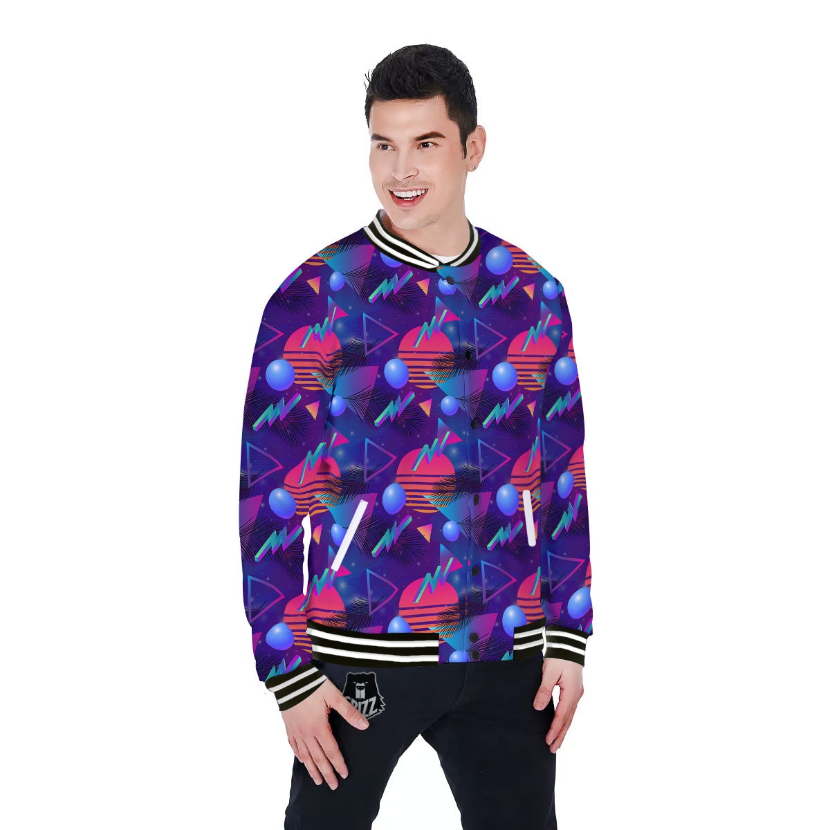 Retro Futuristic Neon Theme Print Pattern Baseball Jacket-grizzshop