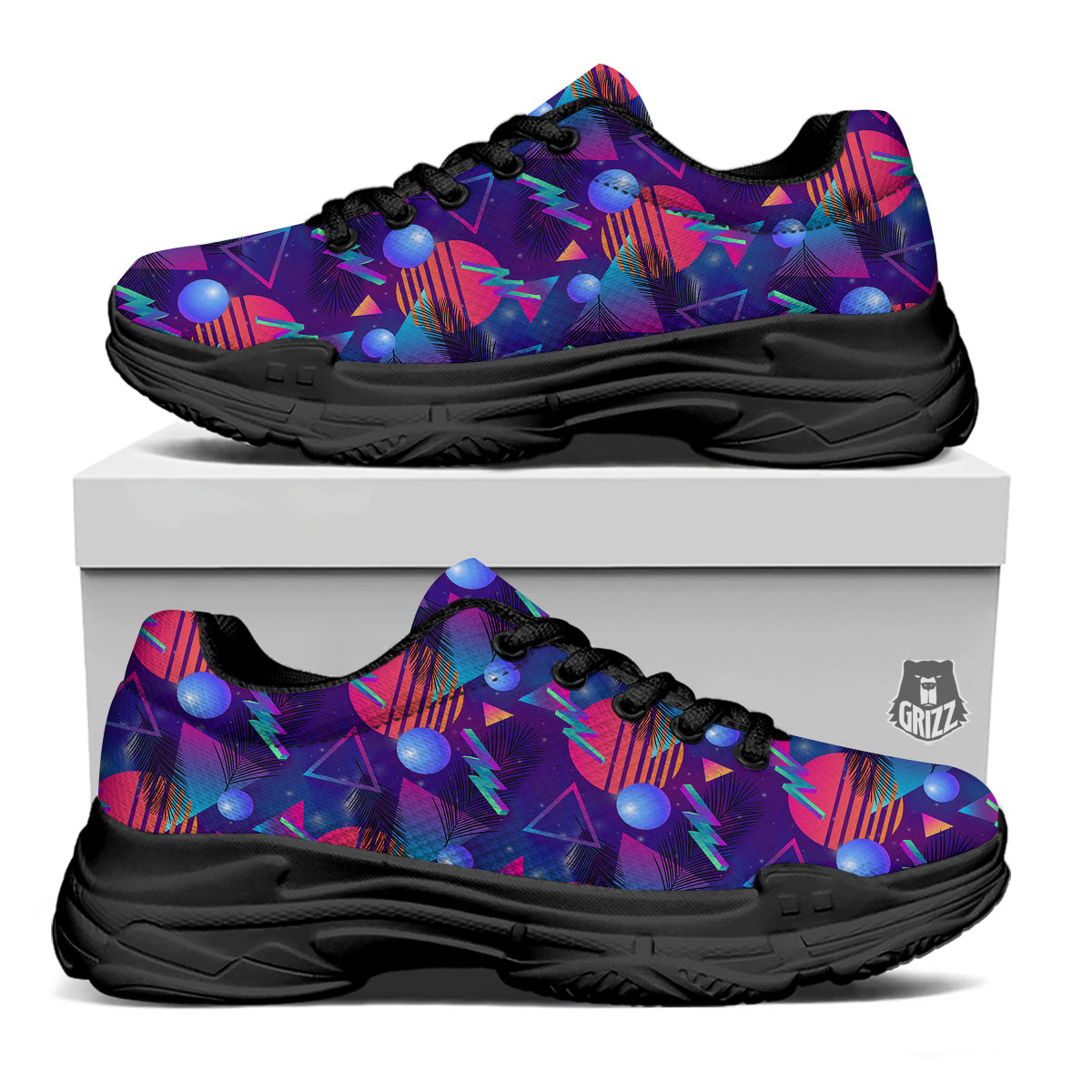 Retro Futuristic Neon Theme Print Pattern Black Chunky Shoes-grizzshop