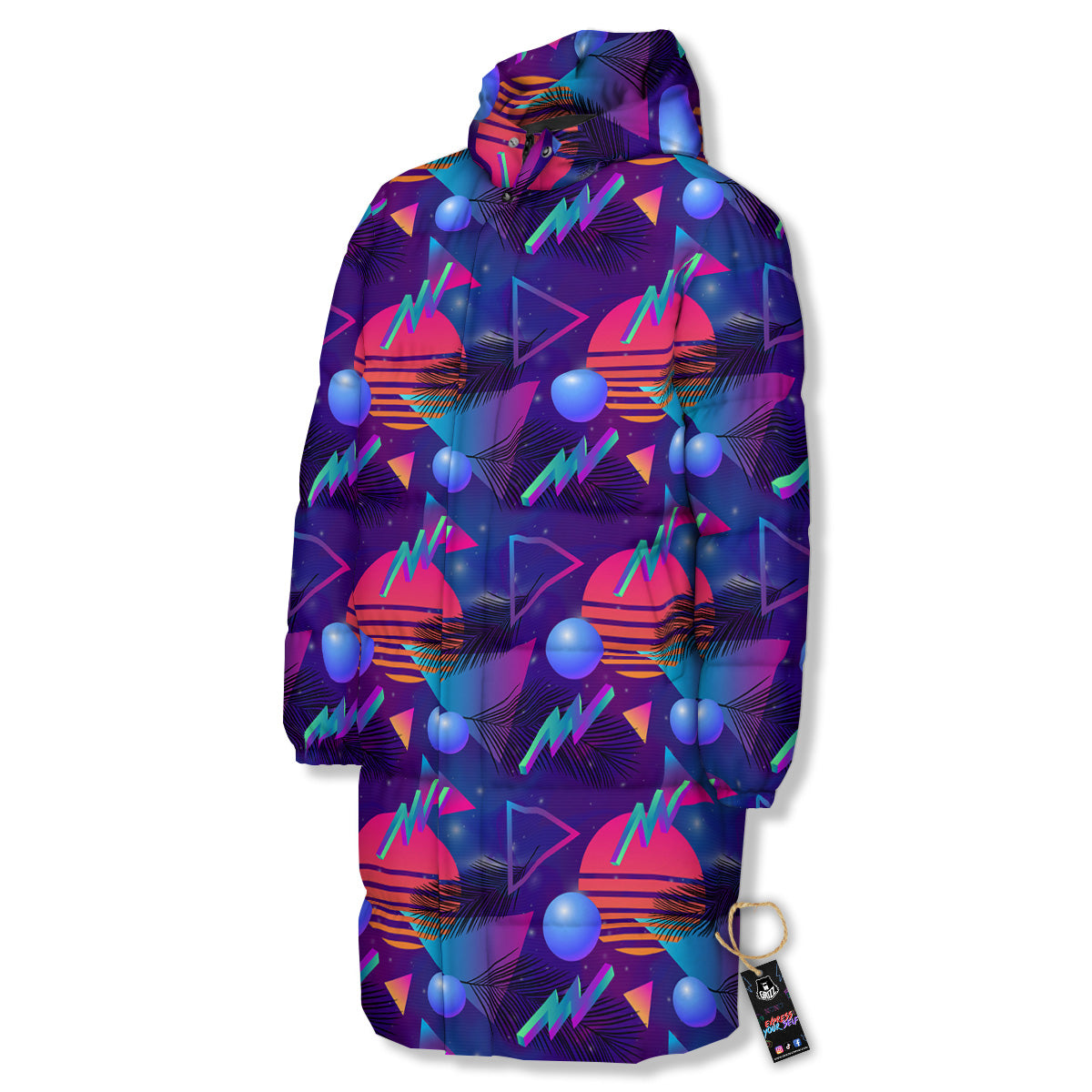 Retro Futuristic Neon Theme Print Pattern Long Down Jacket-grizzshop