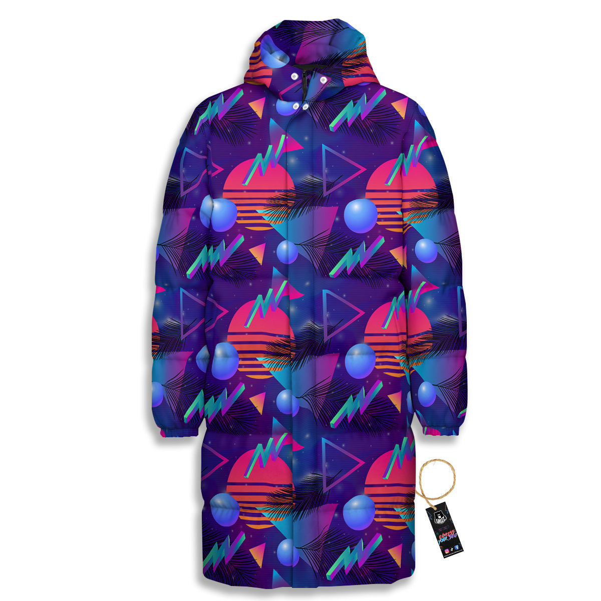 Retro Futuristic Neon Theme Print Pattern Long Down Jacket-grizzshop