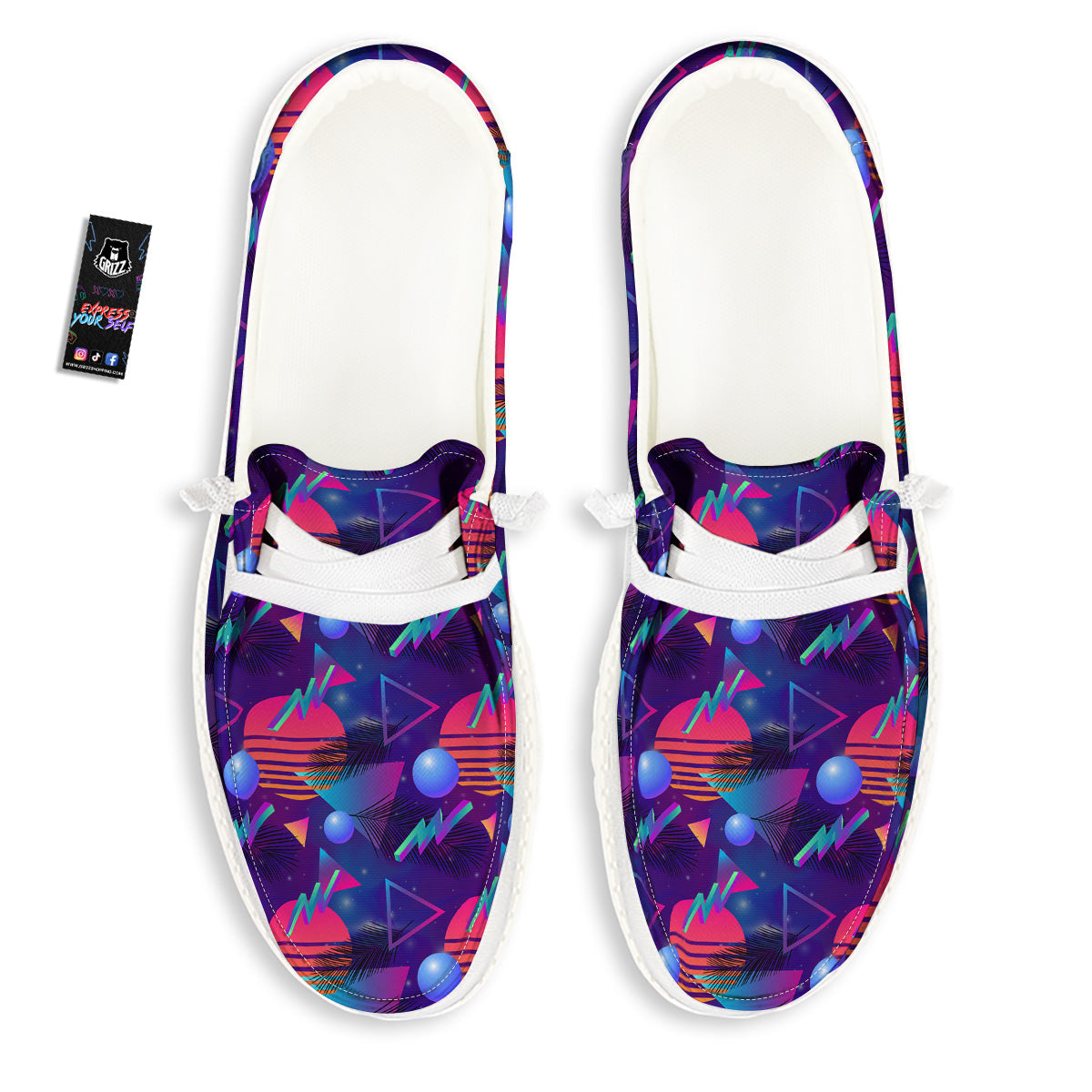 Retro Futuristic Neon Theme Print Pattern White Loafers-grizzshop