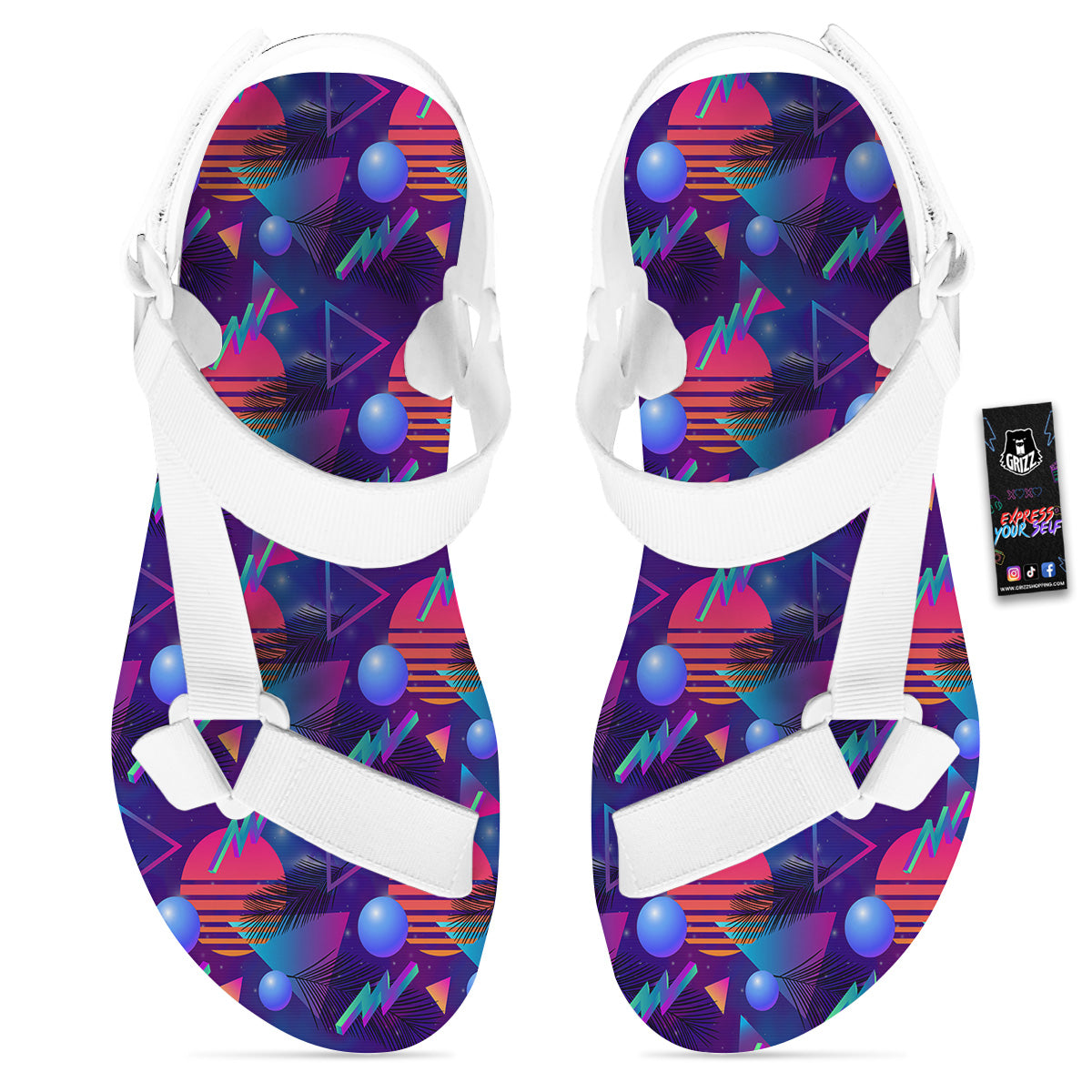 Retro Futuristic Neon Theme Print Pattern White Open Toe Sandals-grizzshop