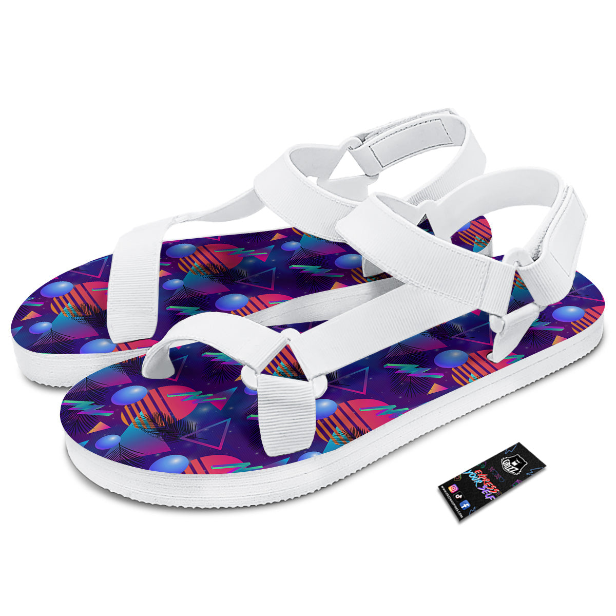 Retro Futuristic Neon Theme Print Pattern White Open Toe Sandals-grizzshop
