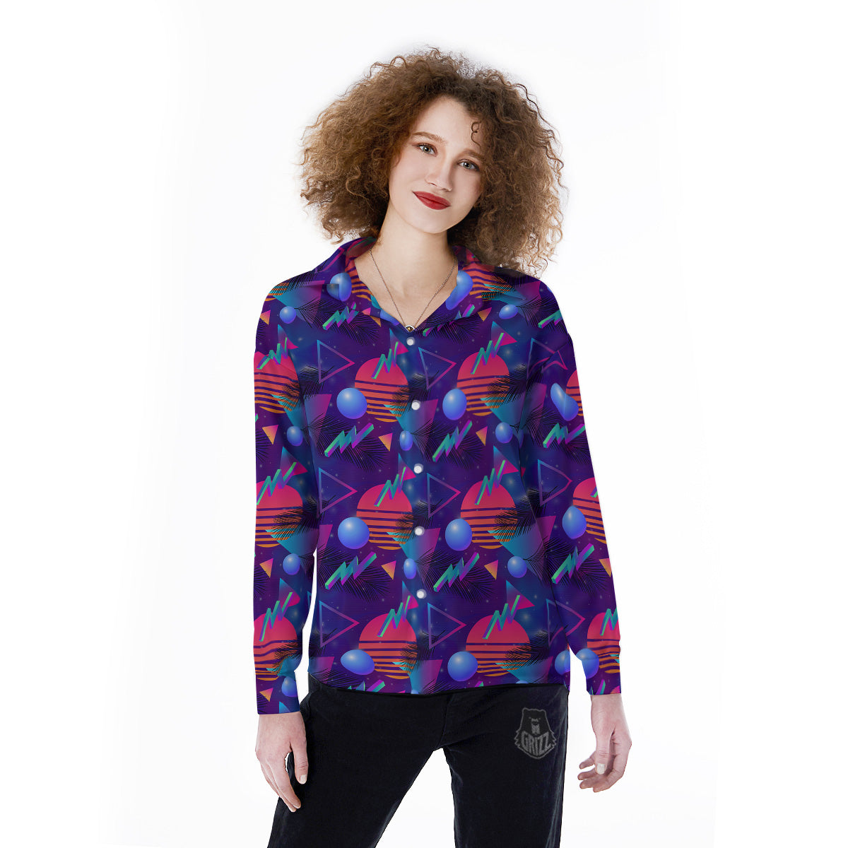 Retro Futuristic Neon Theme Print Pattern Women's Long Sleeve Shirts-grizzshop