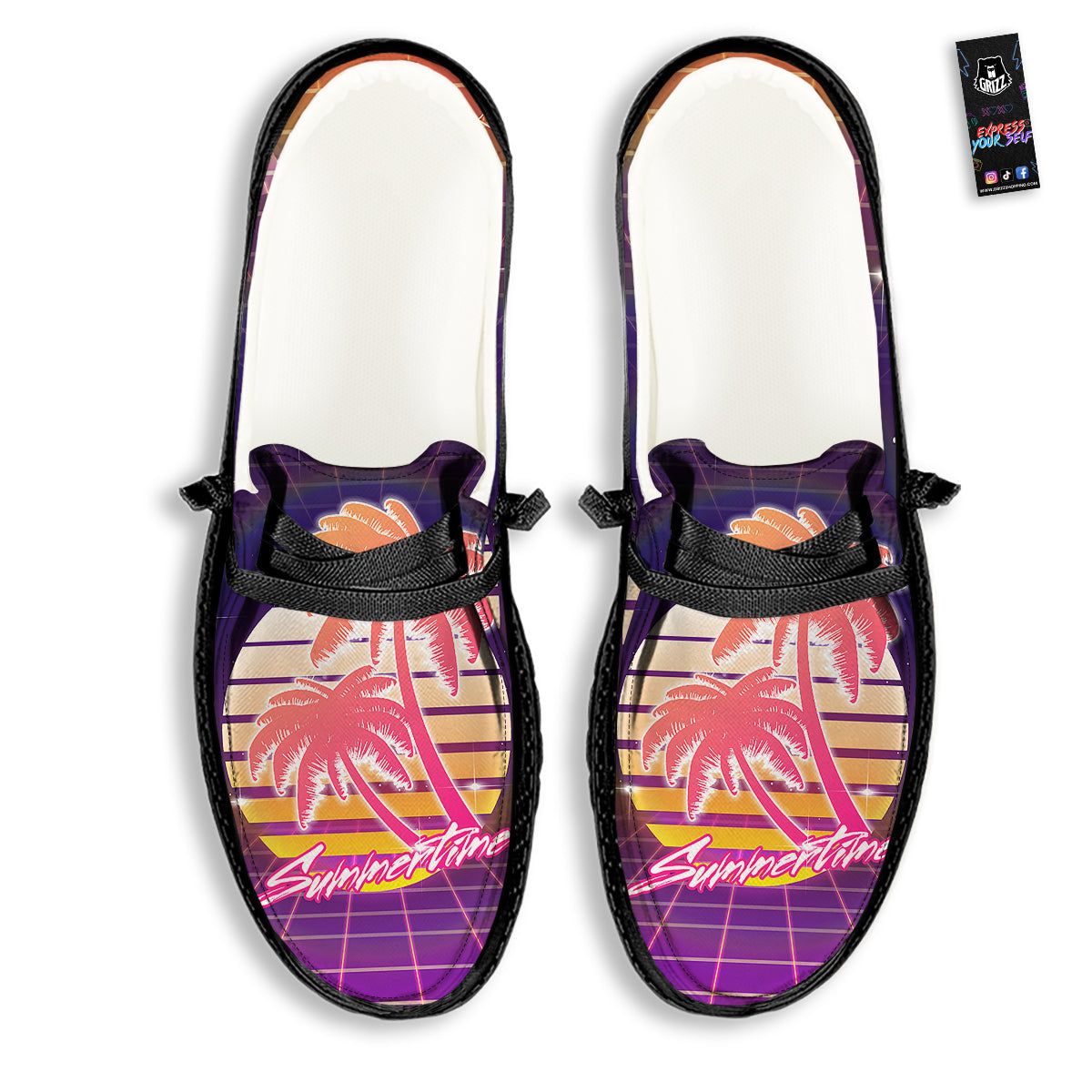 Retro Futuristic Palms Summer Time Print Black Loafers-grizzshop