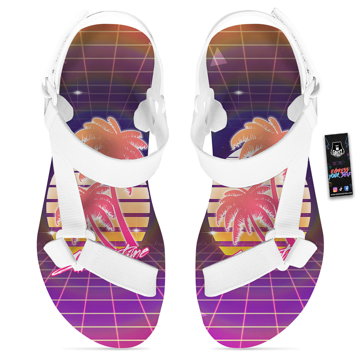 Retro Futuristic Palms Summer Time Print White Open Toe Sandals-grizzshop